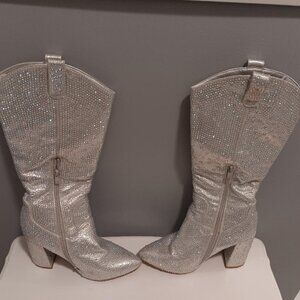 Womens Shela Knee High Silver Rhinestone Encrusted Boots Size 8.5